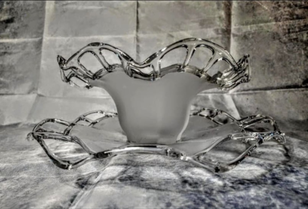 Beautiful Vintage Duncan Miller Frosted Glass Platter 14" & Bowl 11" Round
